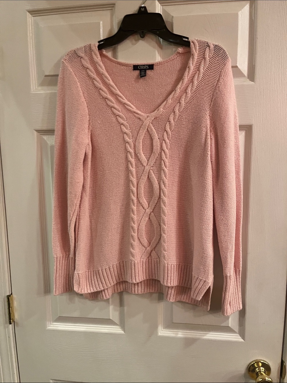 Chaps Light Pink Cable-Front V-Neck Sweater